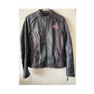 Harley Davidson Black and Pink Leather Jacket set zip up under jacket and gloves